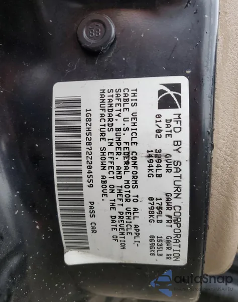 2002 Saturn Sl1 from USA, damaged, VIN 1G8ZH52872Z204559